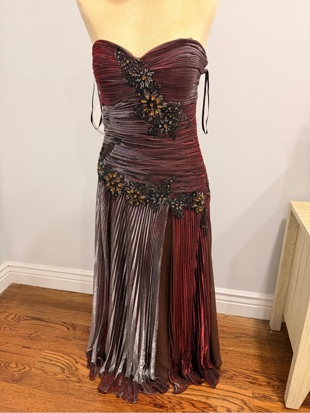 Strapless Burgundy Evening Gown with Beaded Floral Accents